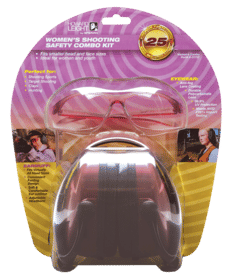 Howard Leight Women's Shooting Safety Combo Kit with passive ear muffs and pink eye protection glasses.